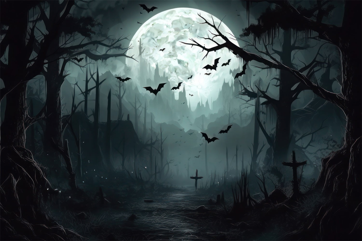 Gruseliger Halloween Wald bei Vollmond Hintergrund BRP8-258