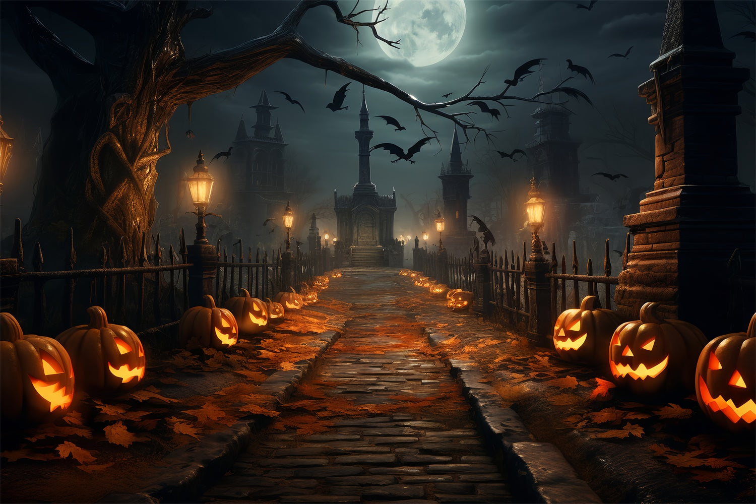 Gespenstischer Halloween Pfad mit Laternen Hintergrund BRP8-264