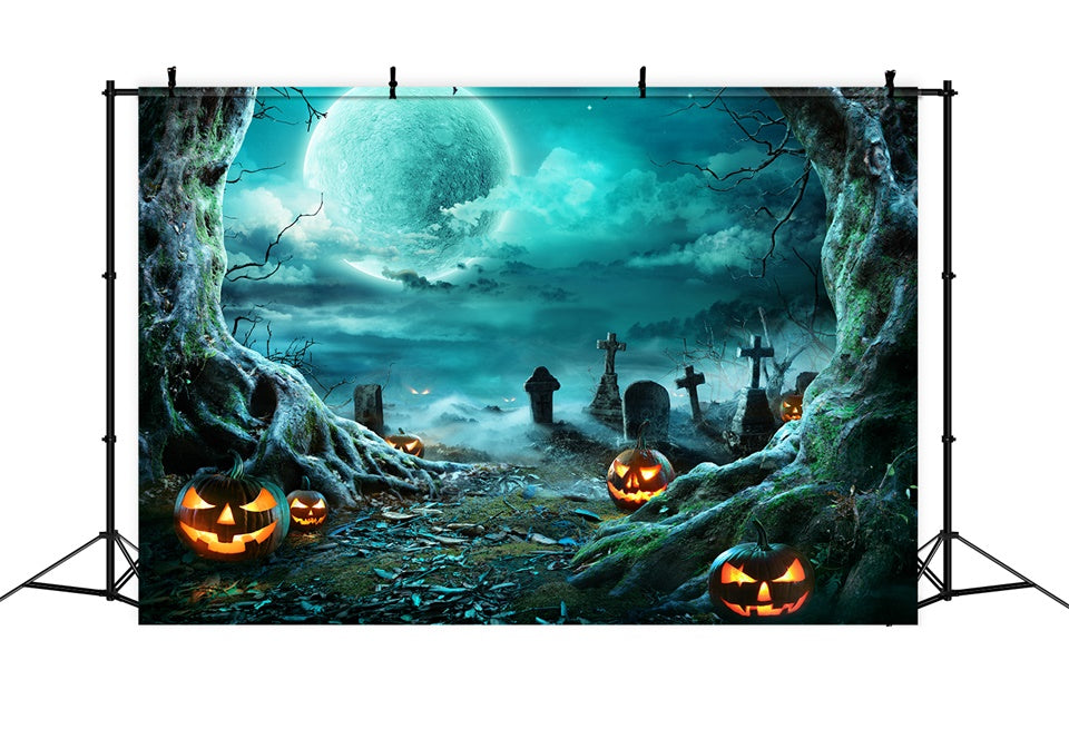 Gruseliger Kürbis und Friedhof Halloween Mond Hintergrund BRP8-271