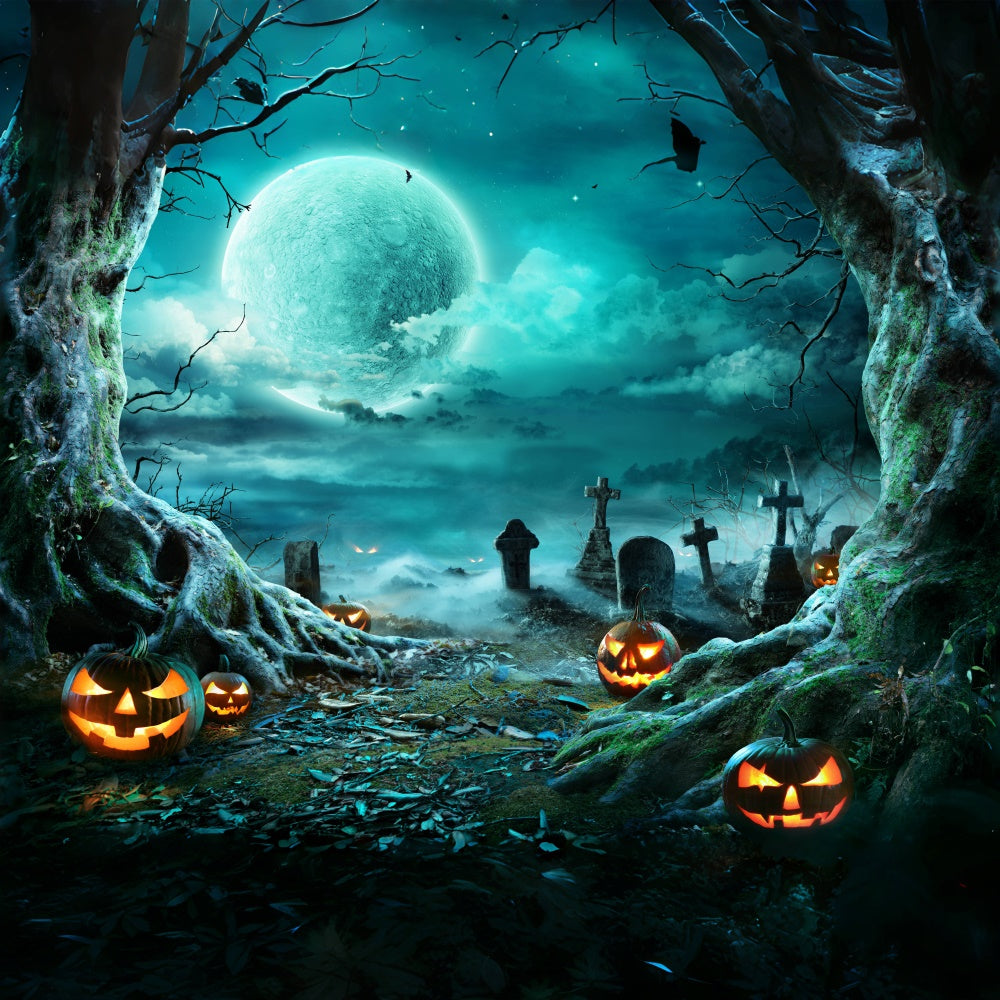 Gruseliger Kürbis und Friedhof Halloween Mond Hintergrund BRP8-271