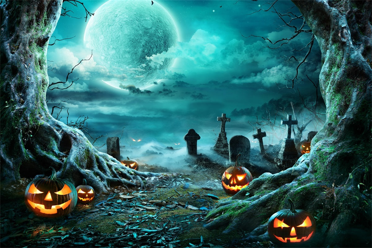 Gruseliger Kürbis und Friedhof Halloween Mond Hintergrund BRP8-271