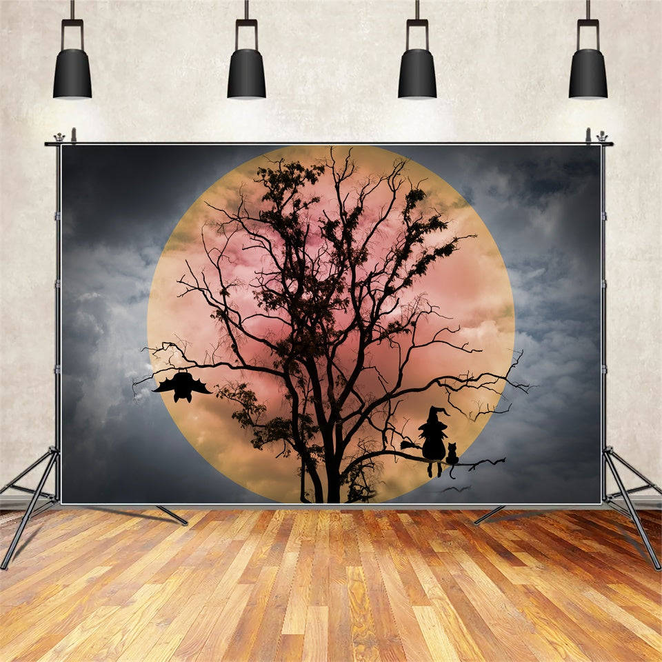 Halloween Hexe und Fledermäuse Roter Mond Hintergrund BRP8-275