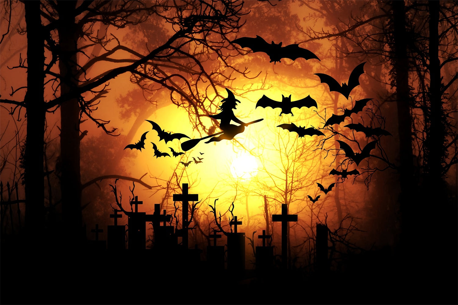 Halloween Fledermäuse Fliegende Hexe Orange Mond Hintergrund BRP8-276