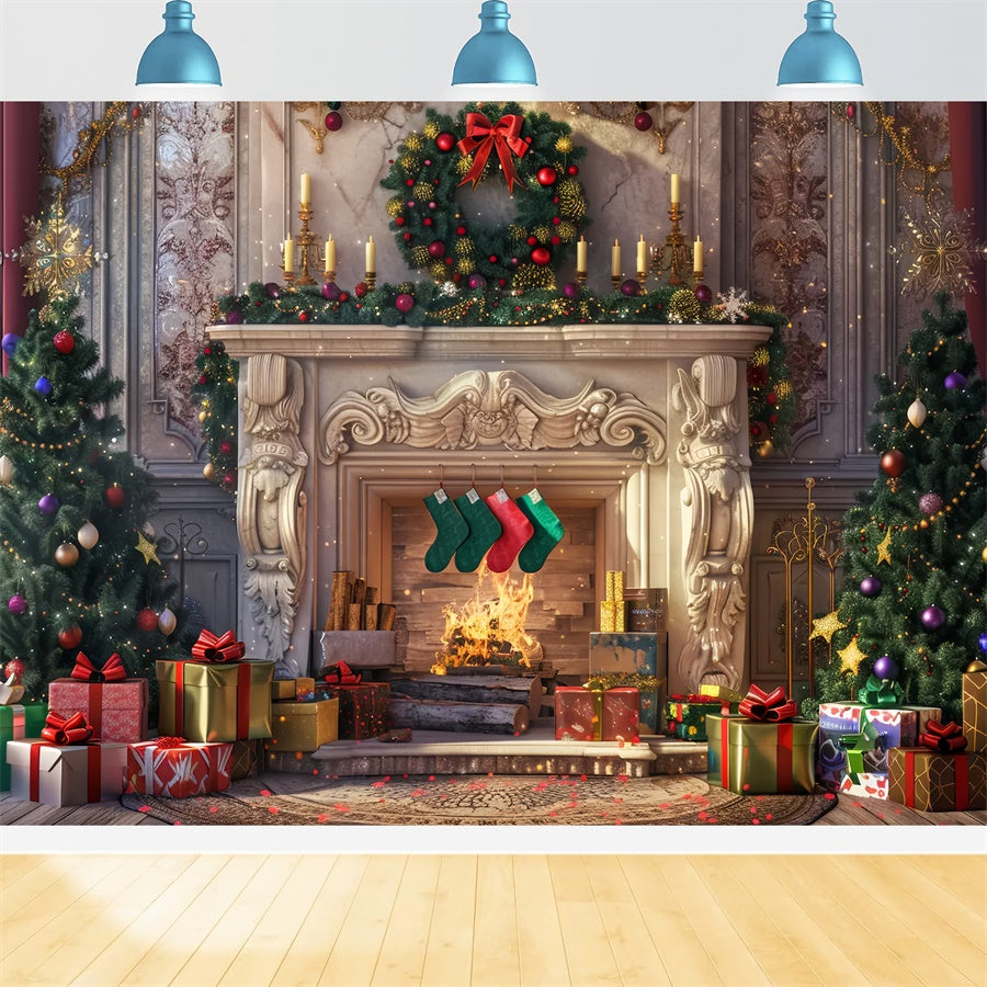 Weihnachten Gemütlicher Kamin Geschenke Hintergrund BRP8-28