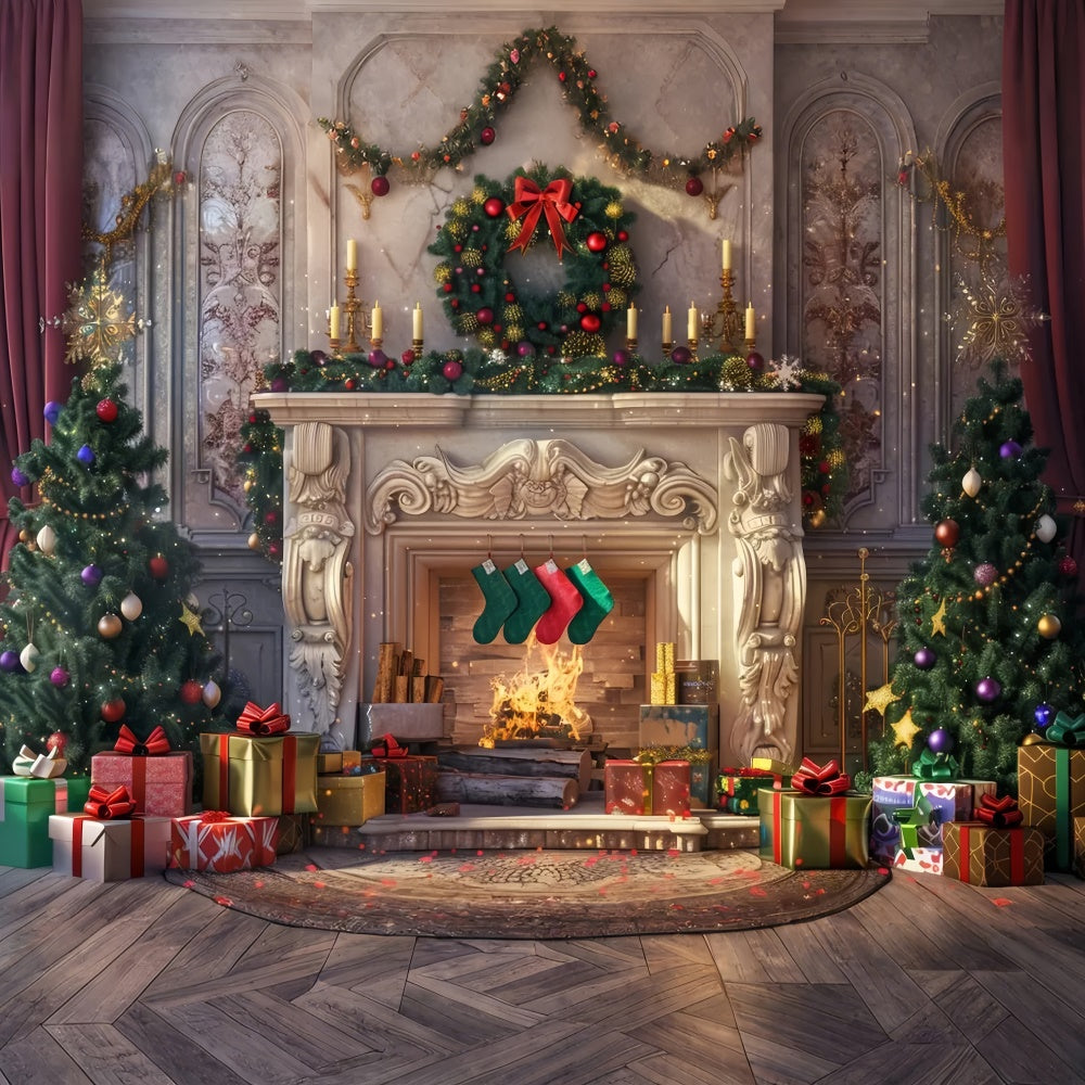 Weihnachten Gemütlicher Kamin Geschenke Hintergrund BRP8-28