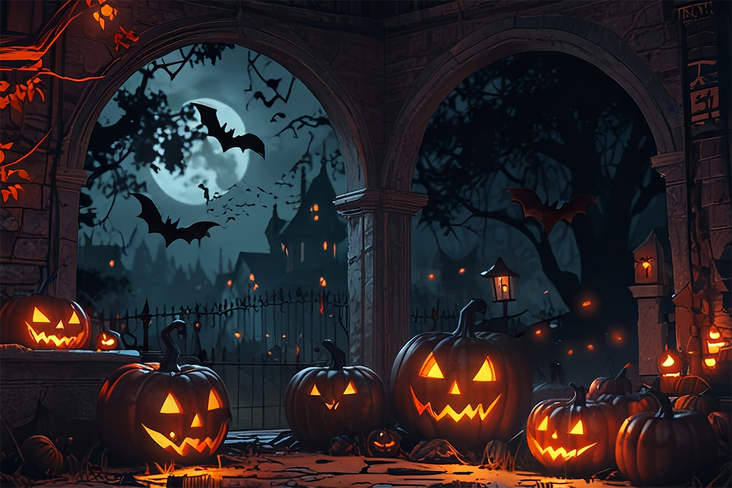 Halloween Torbogen mit Kürbissen und Fledermäusen Hintergrund BRP8-336
