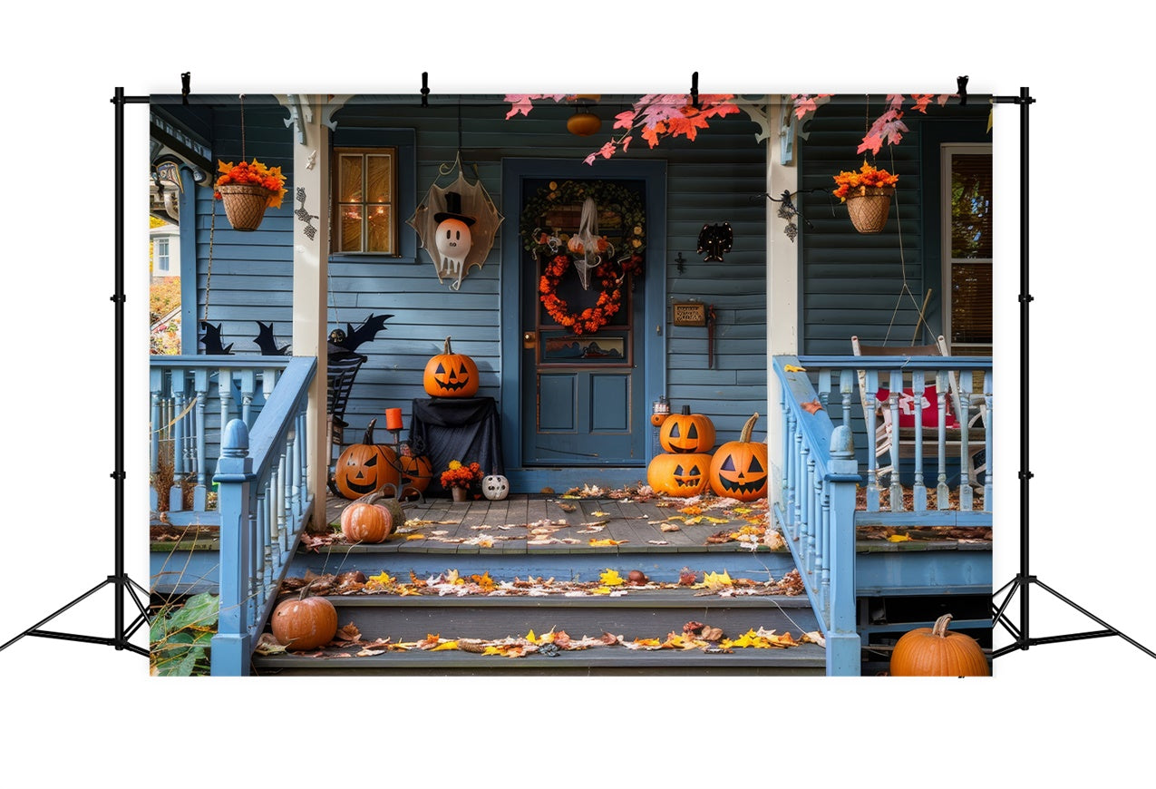 Halloween Blätter Gruseliger Kürbis Blaues Holzhaus BRP8-339