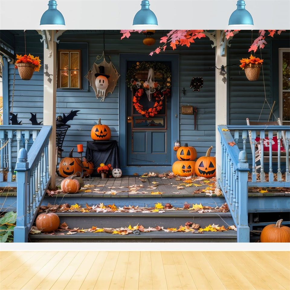 Halloween Blätter Gruseliger Kürbis Blaues Holzhaus BRP8-339