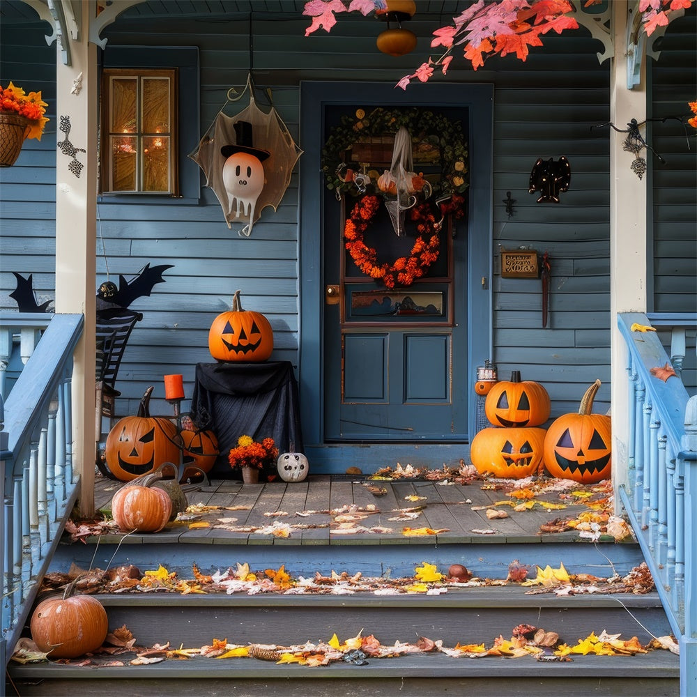 Halloween Blätter Gruseliger Kürbis Blaues Holzhaus BRP8-339