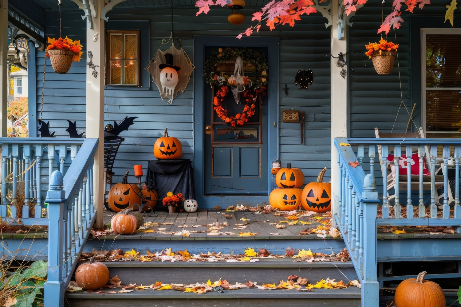 Halloween Blätter Gruseliger Kürbis Blaues Holzhaus BRP8-339