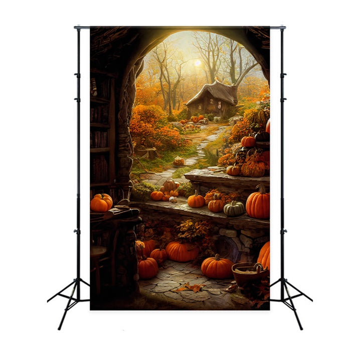 Rustikales Landhaus mit Kürbissen Halloween-Hintergrund BRP8-359