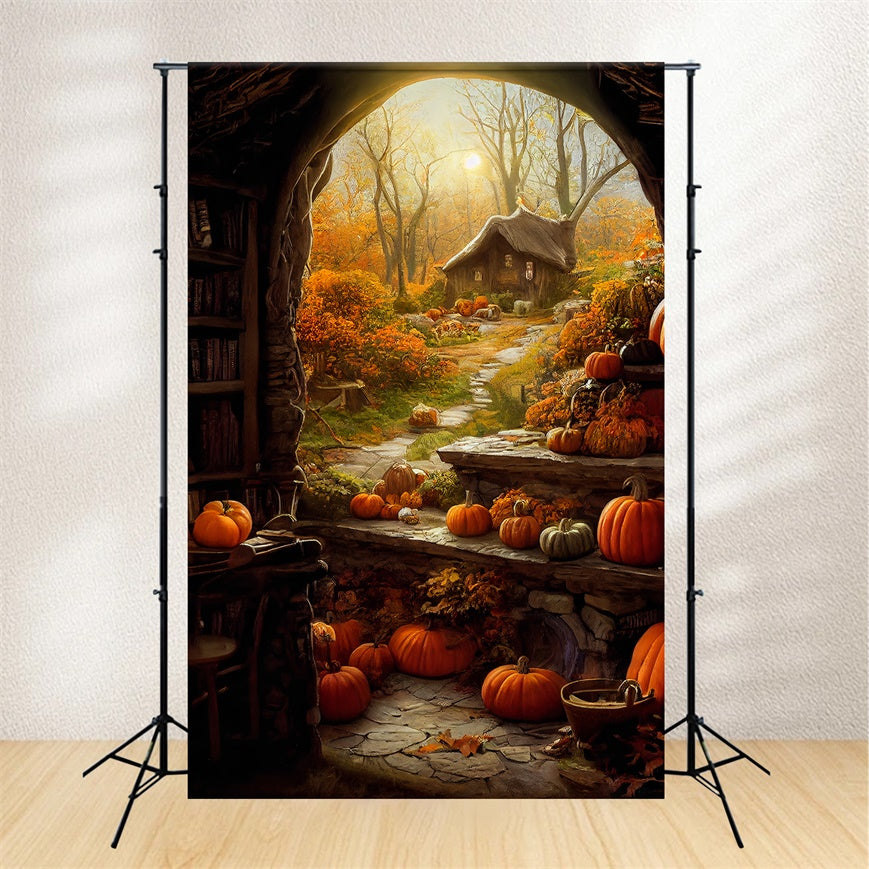 Rustikales Landhaus mit Kürbissen Halloween-Hintergrund BRP8-359
