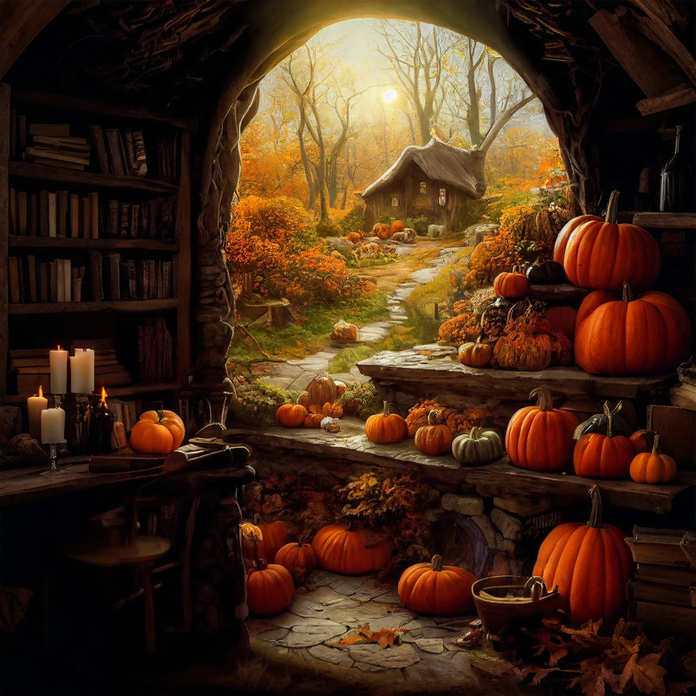 Rustikales Landhaus mit Kürbissen Halloween-Hintergrund BRP8-359