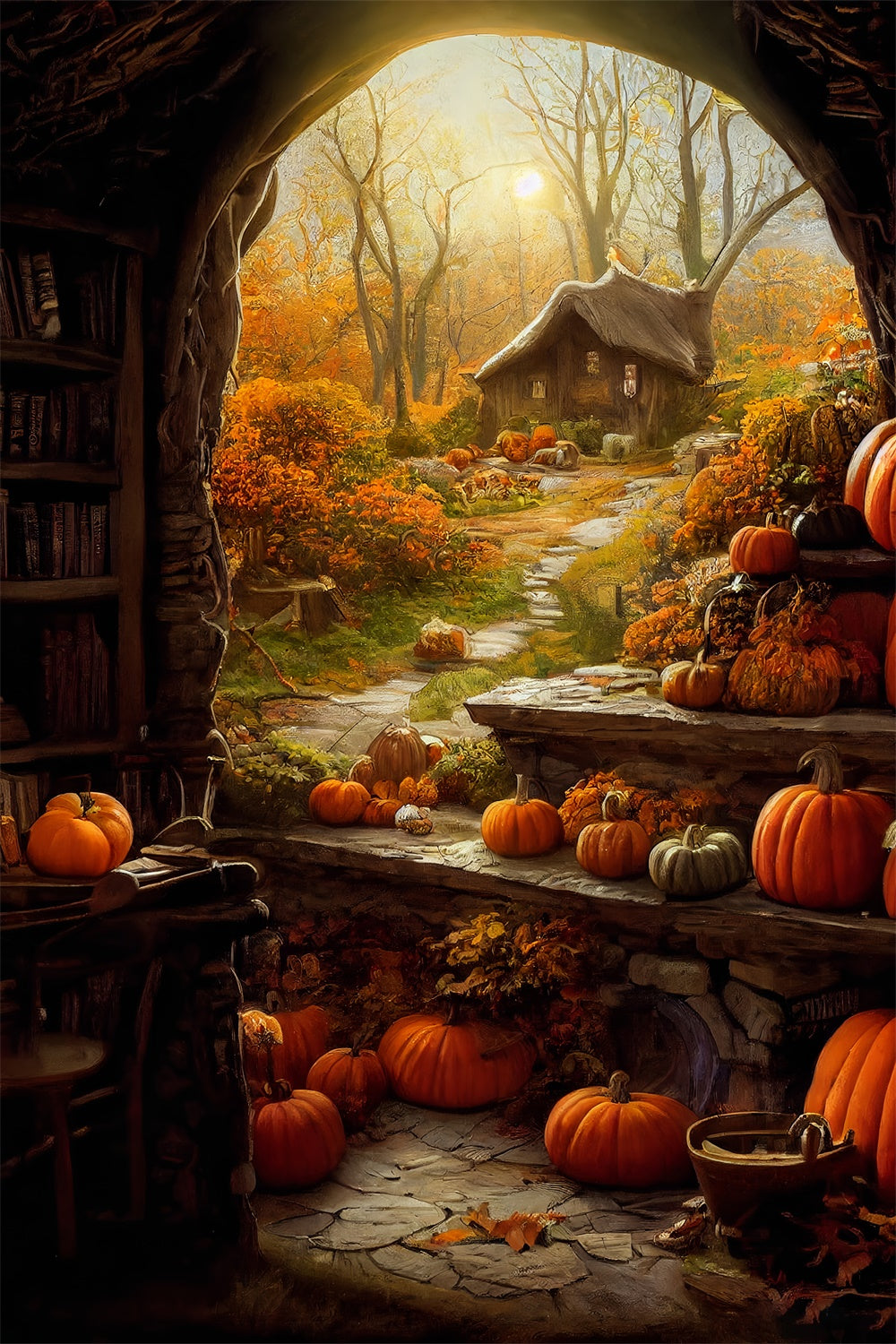 Rustikales Landhaus mit Kürbissen Halloween-Hintergrund BRP8-359
