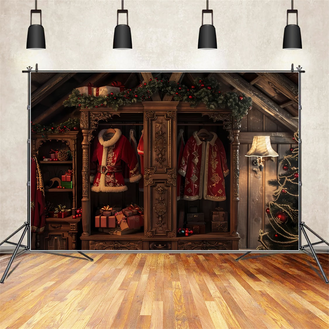Weihnachtsmann-Garderobe und Geschenke Weihnachtshintergrund BRP8-54