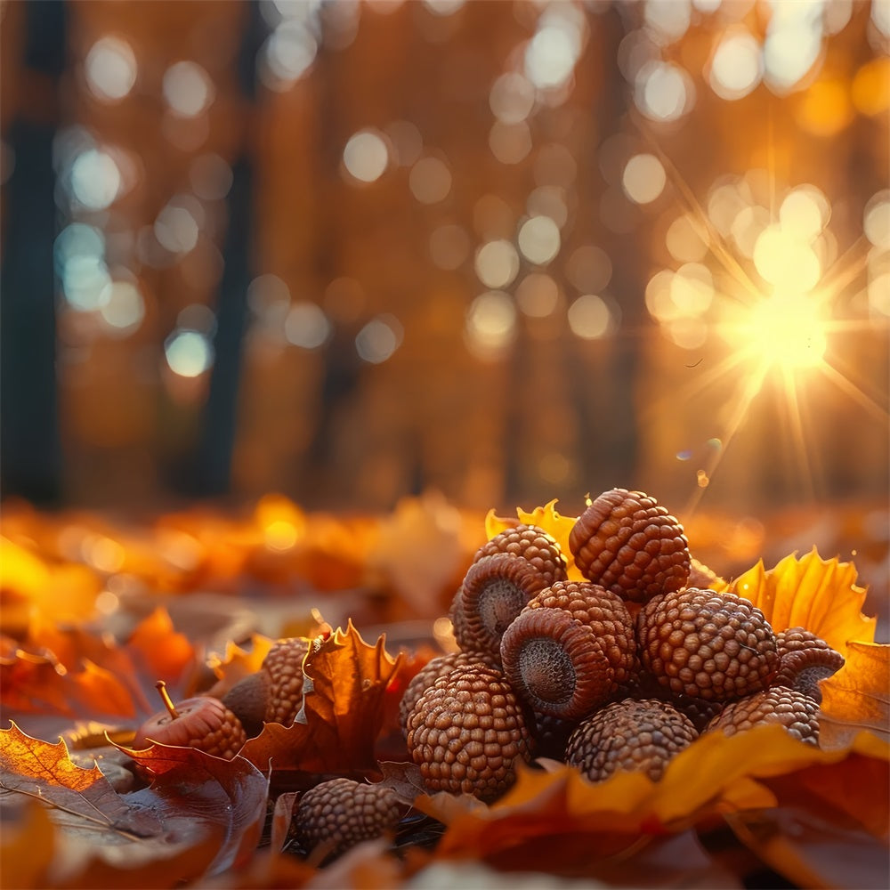 Sonnenbeschienene Eicheln Goldener Herbstlaubhaufen Hintergrund BRP9-139