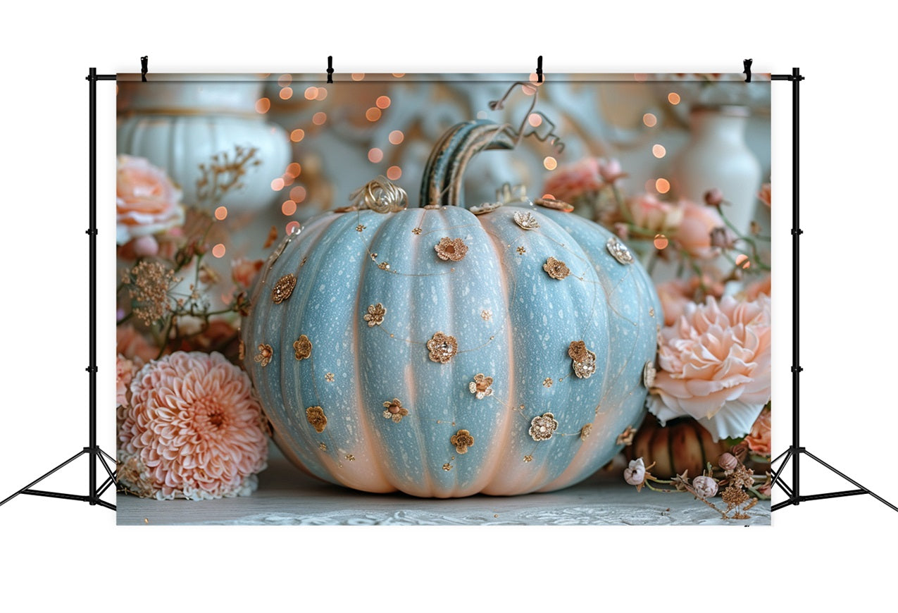 Zarter blauer Kürbis mit glitzernden floralen Akzenten Herbstkulisse BRP9-180
