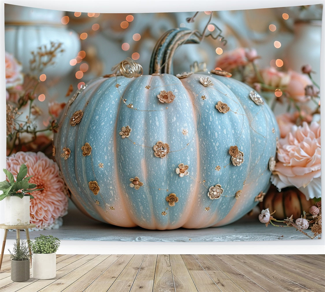 Zarter blauer Kürbis mit glitzernden floralen Akzenten Herbstkulisse BRP9-180