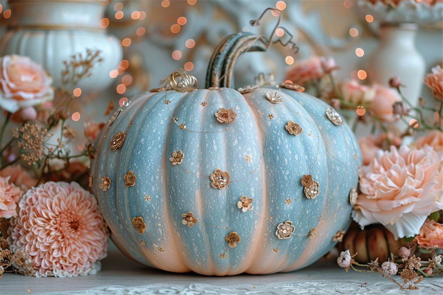 Zarter blauer Kürbis mit glitzernden floralen Akzenten Herbstkulisse BRP9-180