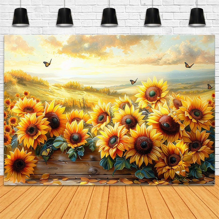 Herbst Sonnenblumen Schmetterlinge Sonnenuntergang Himmel Hintergrund BRP9-183