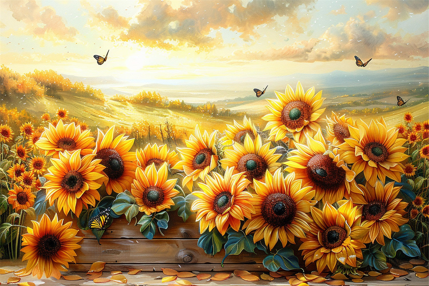 Herbst Sonnenblumen Schmetterlinge Sonnenuntergang Himmel Hintergrund BRP9-183