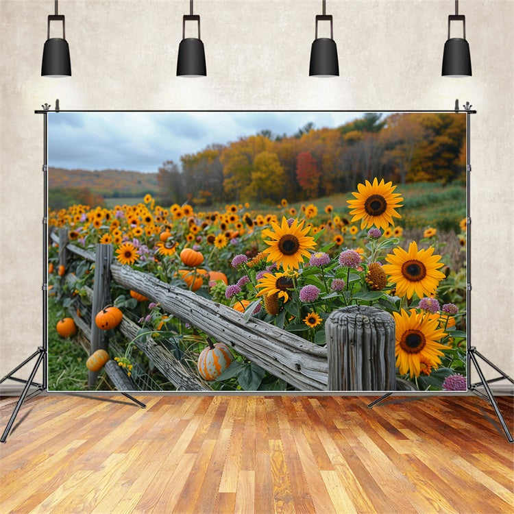 Herbstsonnenblumen Kürbisse Rustikaler Holzzaun Hintergrund BRP9-185