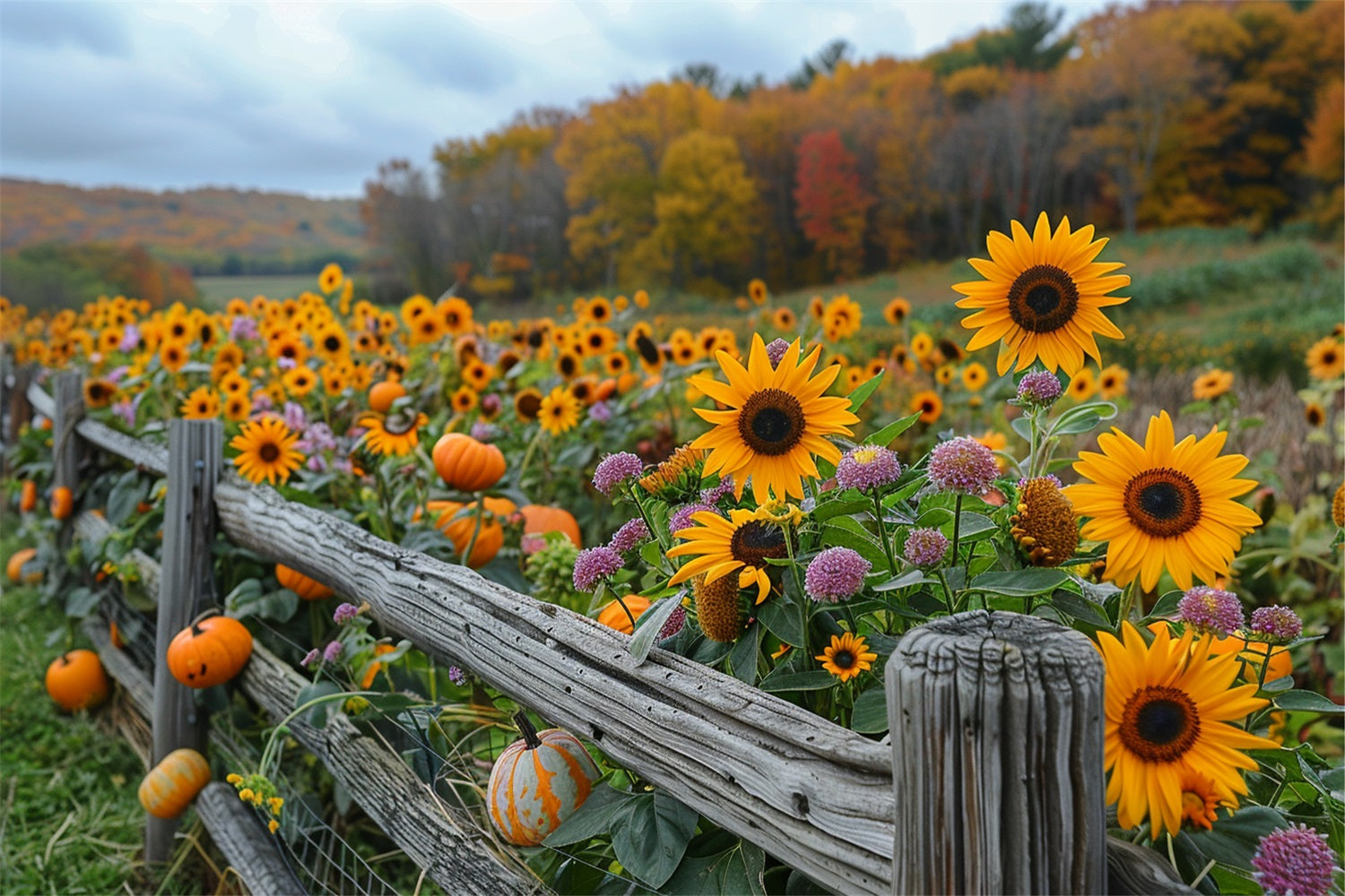 Herbstsonnenblumen Kürbisse Rustikaler Holzzaun Hintergrund BRP9-185