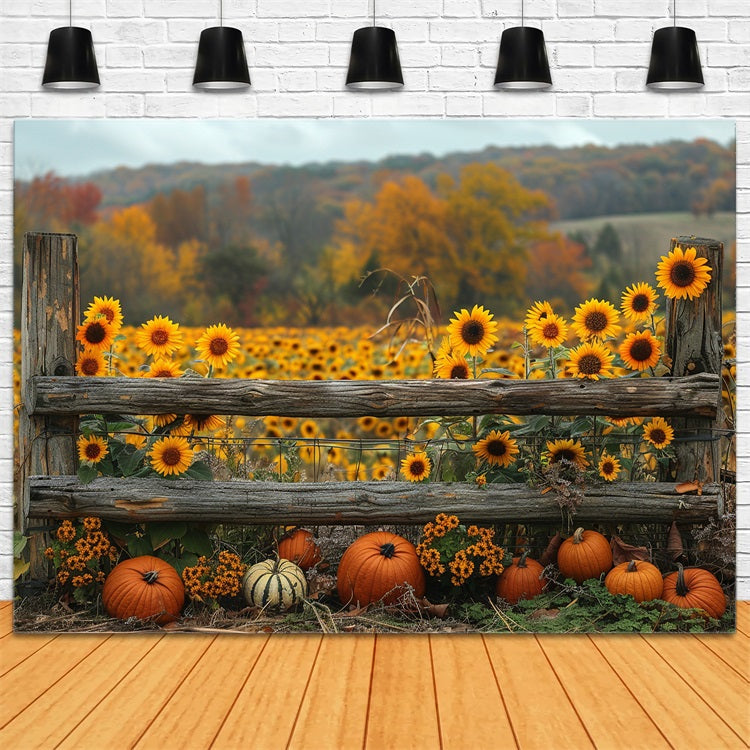Goldener Herbst Sonnenblumen Kürbisse Zaun Hintergrund BRP9-187