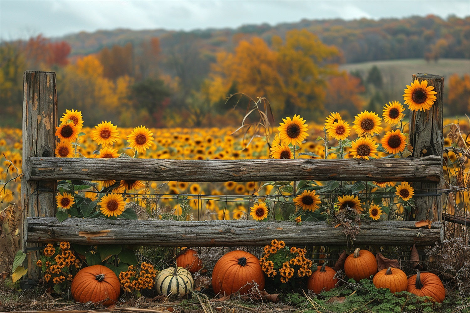 Goldener Herbst Sonnenblumen Kürbisse Zaun Hintergrund BRP9-187