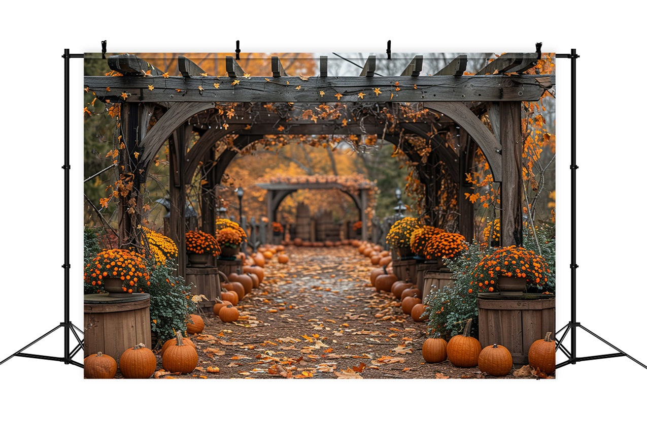 Herbstpfad Kürbisse Blumenbögen Hintergrund BRP9-190