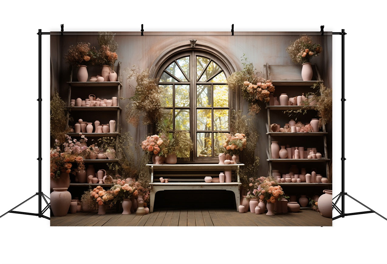 Herbst-Hintergrund mit rosa Töpferwaren und Blumen im Fenster BRP9-194