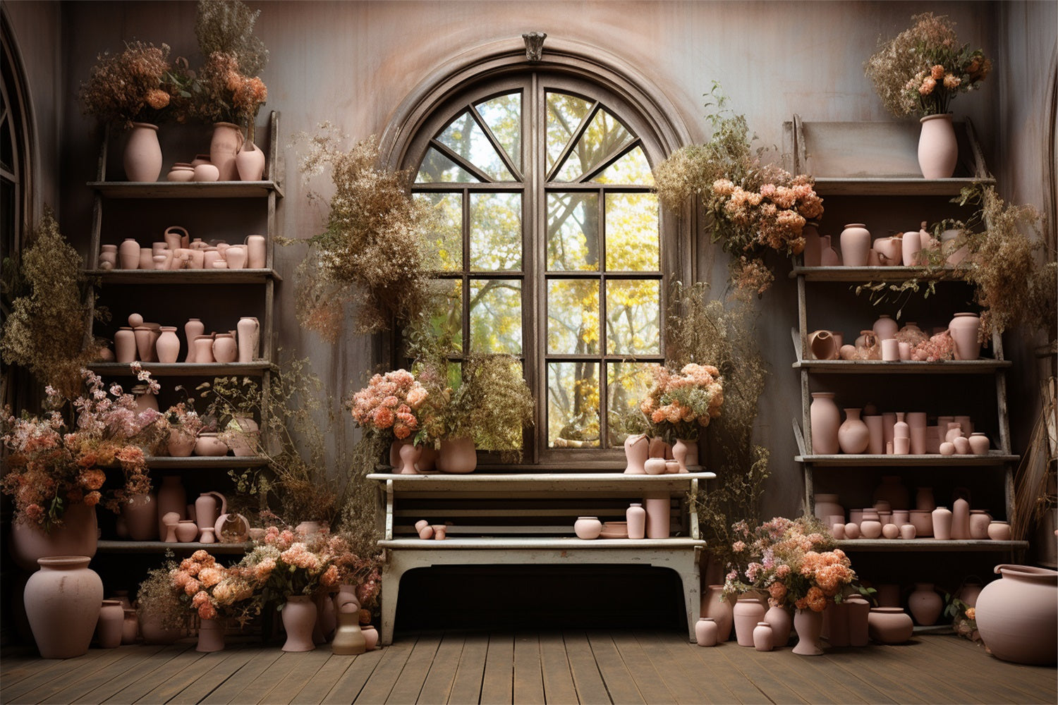 Herbst-Hintergrund mit rosa Töpferwaren und Blumen im Fenster BRP9-194