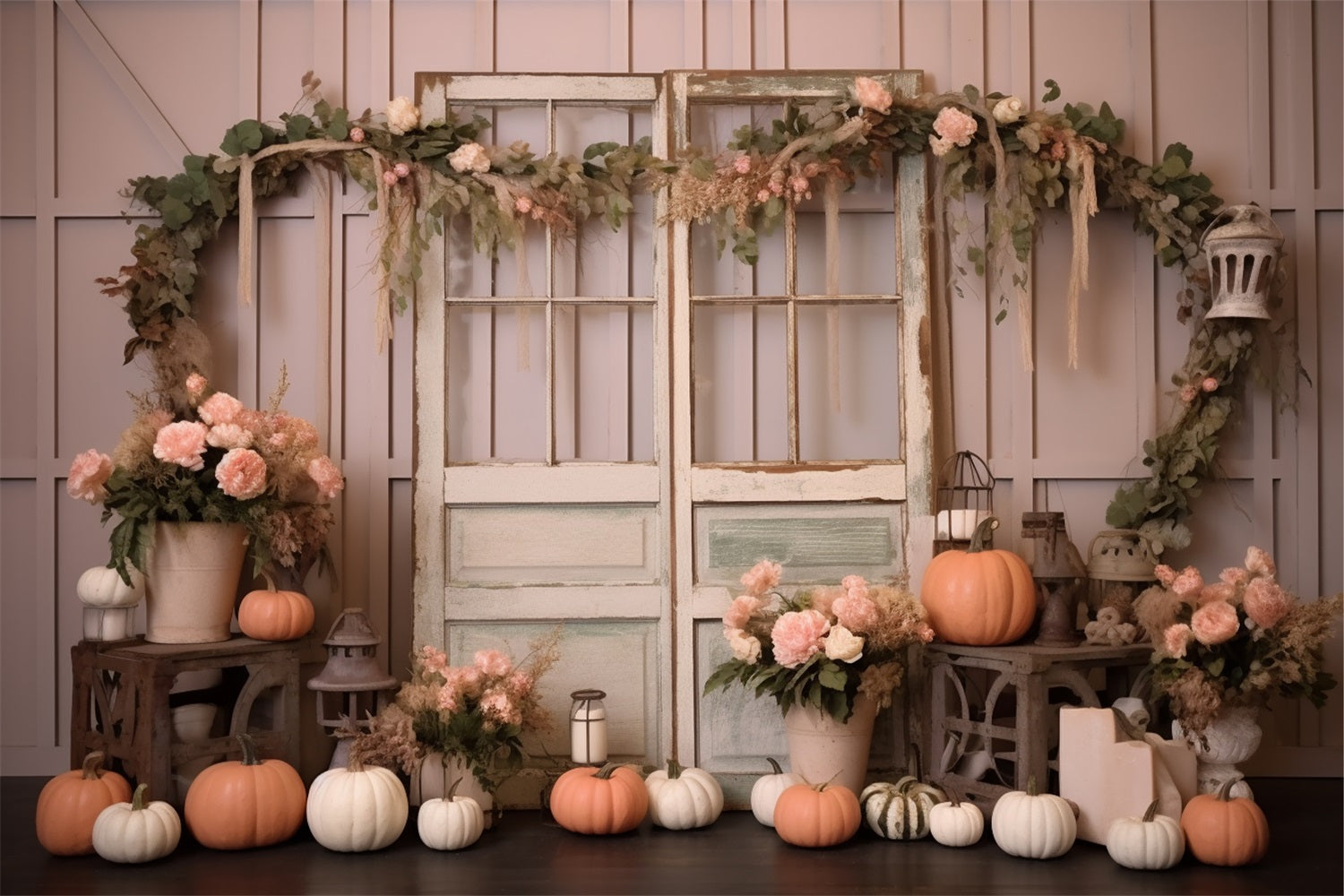Eleganter pastellfarbener Kürbis mit Blumenschmuck für Fenster BRP9-198
