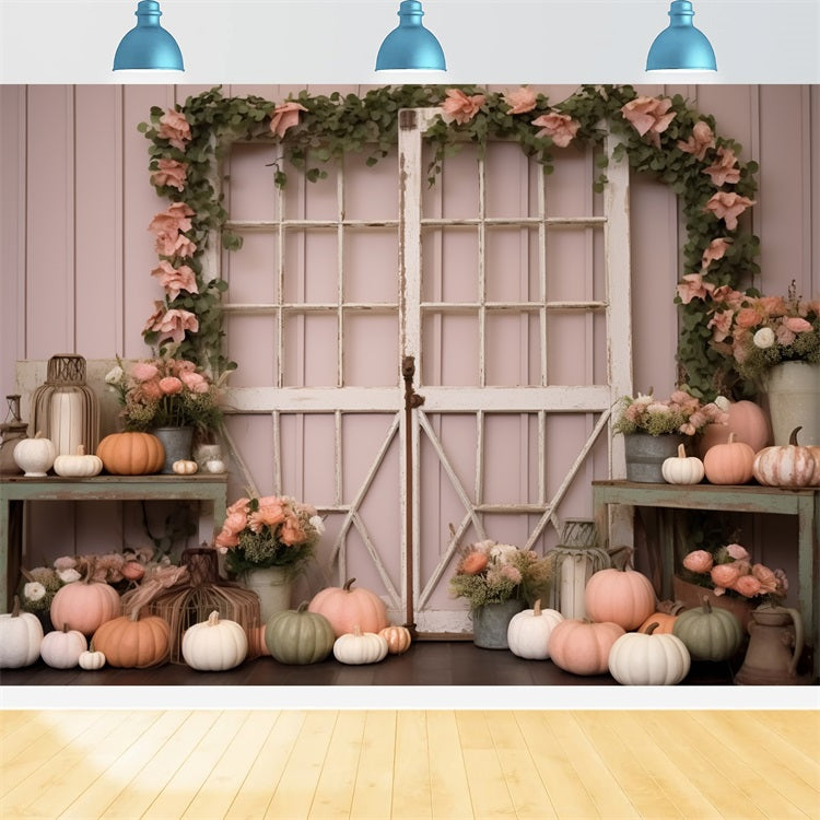 Pastellfarbener Kürbis Display Blumen Rustikale Dekoration Hintergrund BRP9-199
