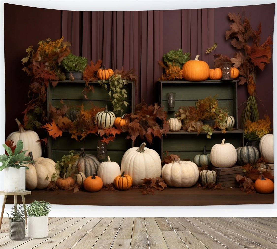 Gemütliches Herbst-Display Kürbisse Blätter Hintergrund BRP9-201