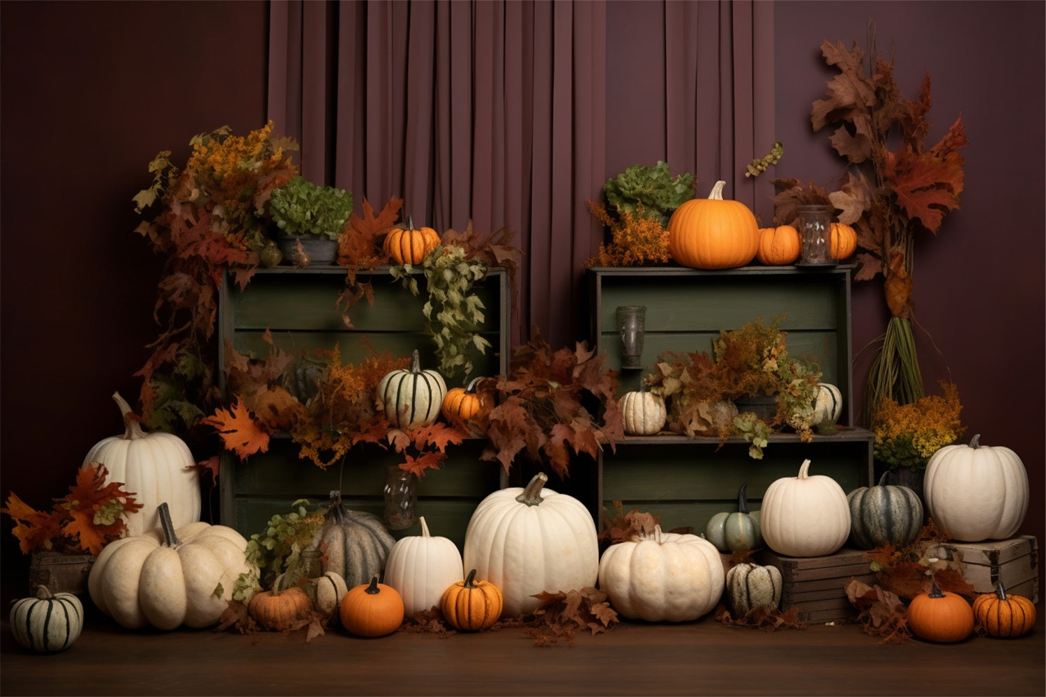 Gemütliches Herbst-Display Kürbisse Blätter Hintergrund BRP9-201