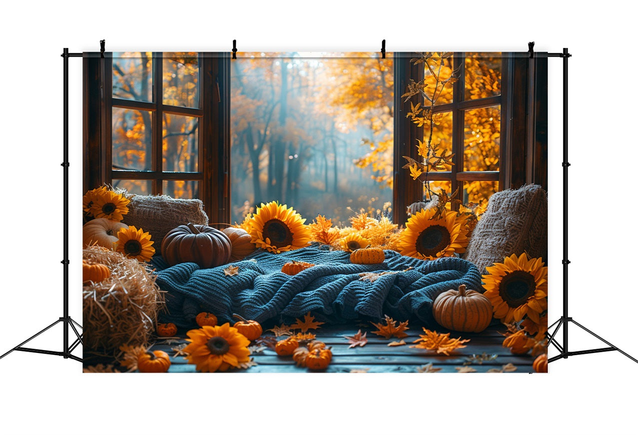 Warmer Herbst Sonnenblumen-Kürbis Gemütliche Fensterecke Hintergrund BRP9-205