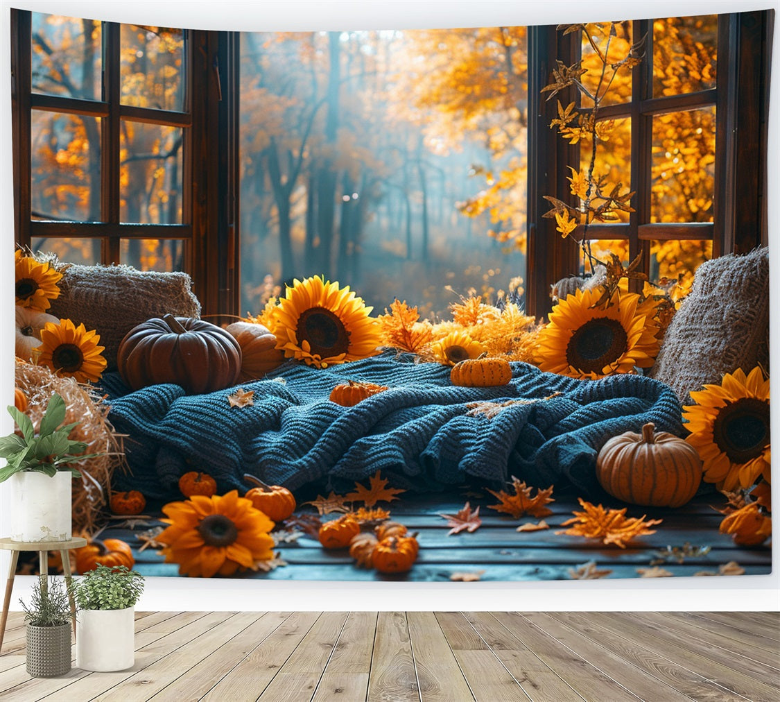 Warmer Herbst Sonnenblumen-Kürbis Gemütliche Fensterecke Hintergrund BRP9-205