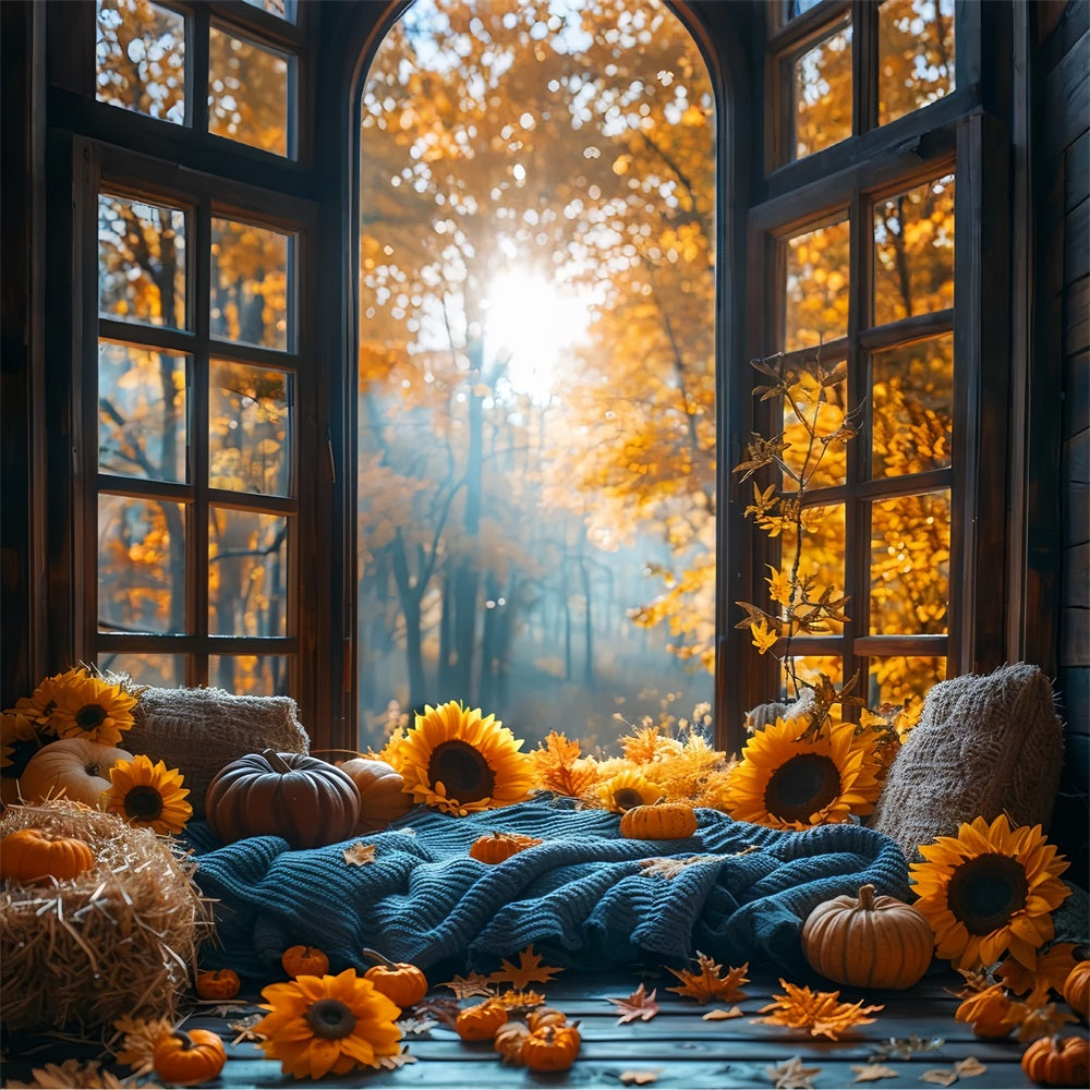 Warmer Herbst Sonnenblumen-Kürbis Gemütliche Fensterecke Hintergrund BRP9-205