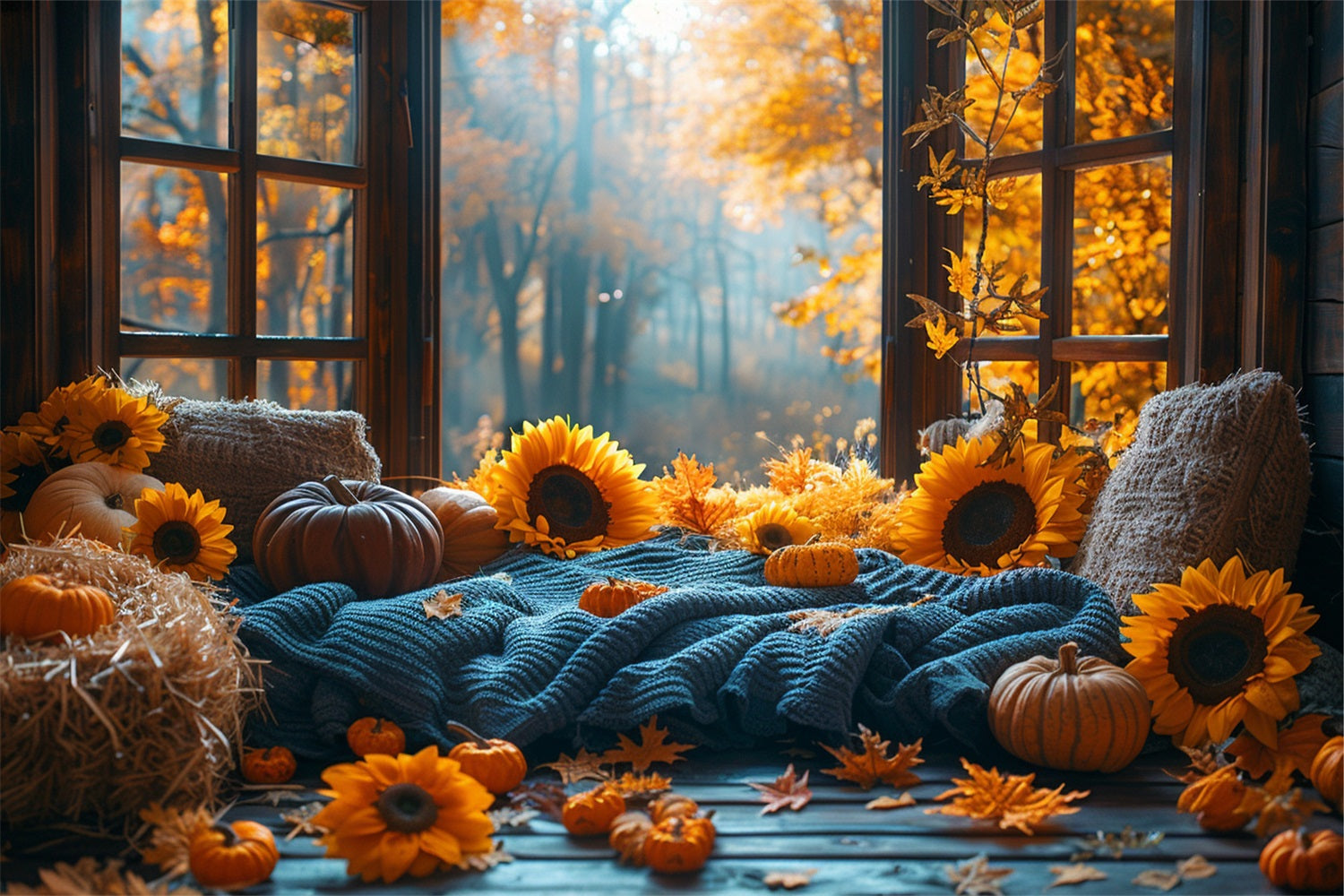Warmer Herbst Sonnenblumen-Kürbis Gemütliche Fensterecke Hintergrund BRP9-205