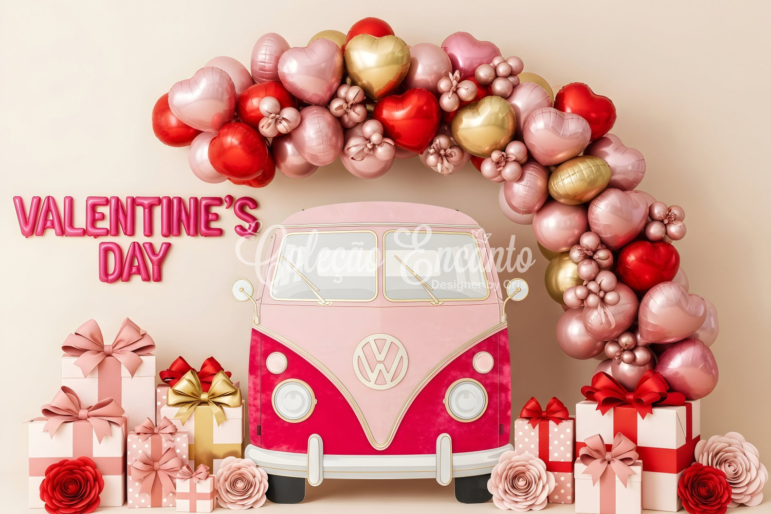 Valentinstag-Hintergrund Ballonherz Geschenkwagen Valentinstag-Hintergrund Von Magali