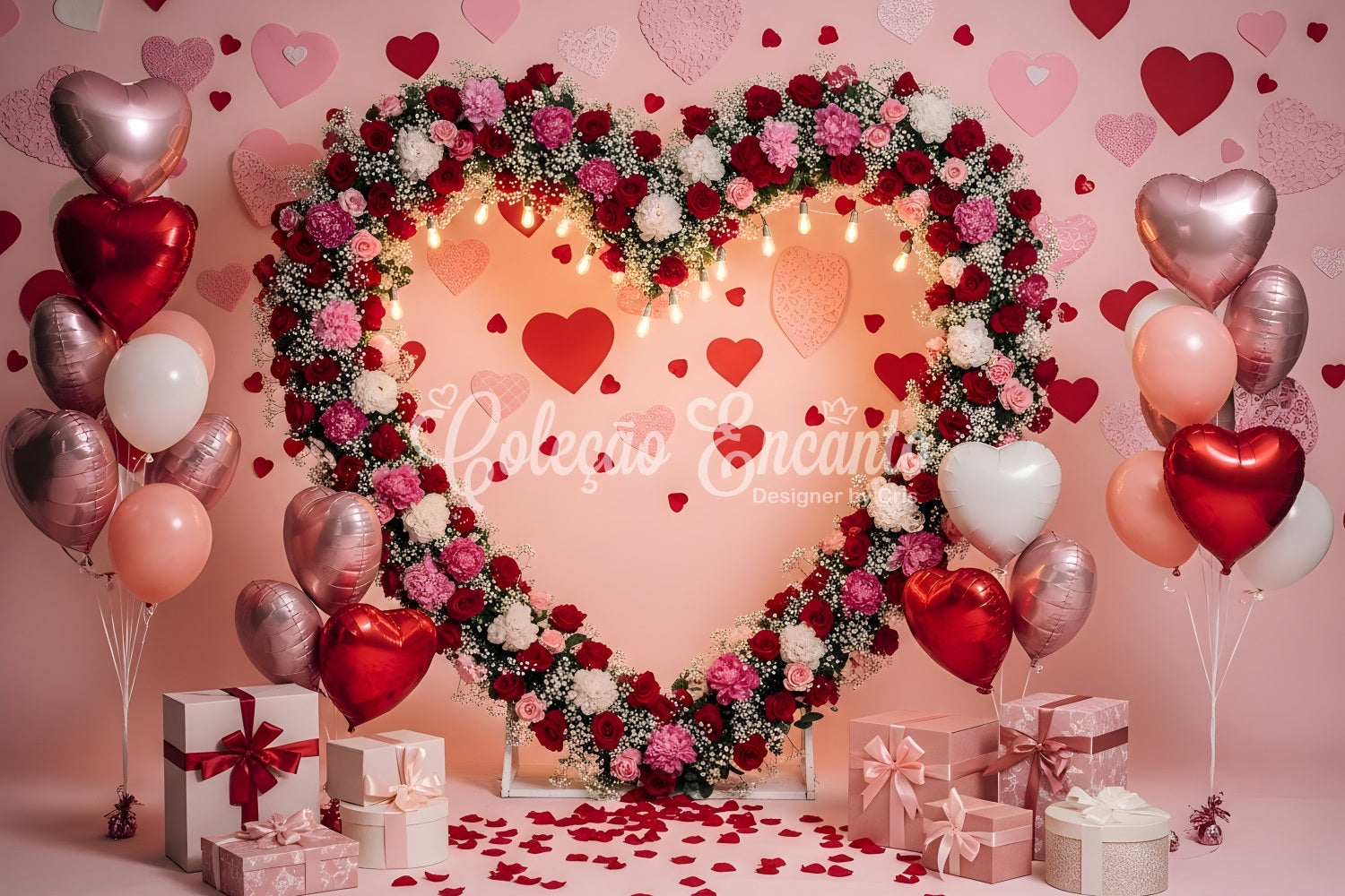 Valentinstag-Hintergründe Romantischer Blumenherz-Bogen Valentinstag-Foto-Hintergrund von Magali