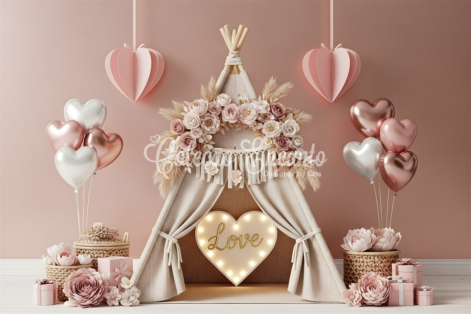 Valentinstag-Hintergrund Boho Floral Cozy Love Valentinstag-Fotohintergründe von Magali