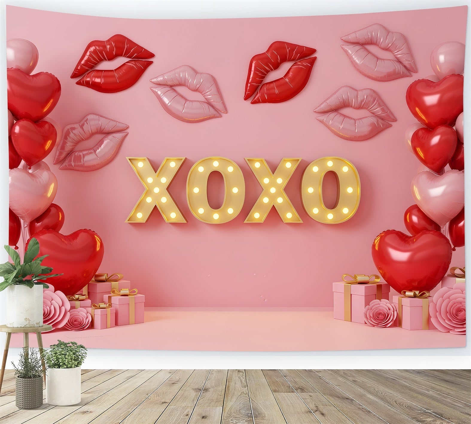 Valentinstag-Hintergrund Kissing Lips Neon XOXO Pink Valentinstag-Hintergrund von Magali