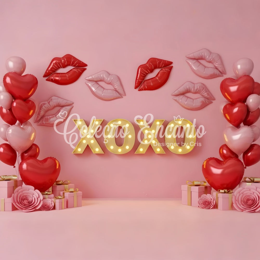 Valentinstag-Hintergrund Kissing Lips Neon XOXO Pink Valentinstag-Hintergrund von Magali