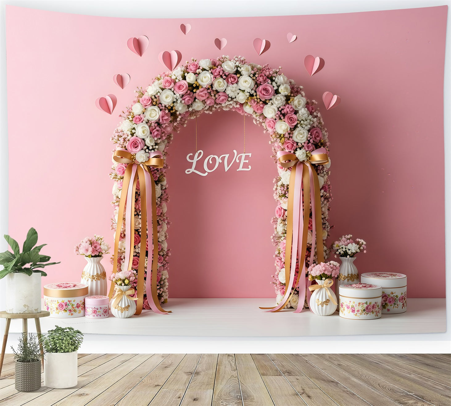 Valentinstag-Hintergrund Pink Floral Arch Valentinstag-Fotohintergrund von Magali