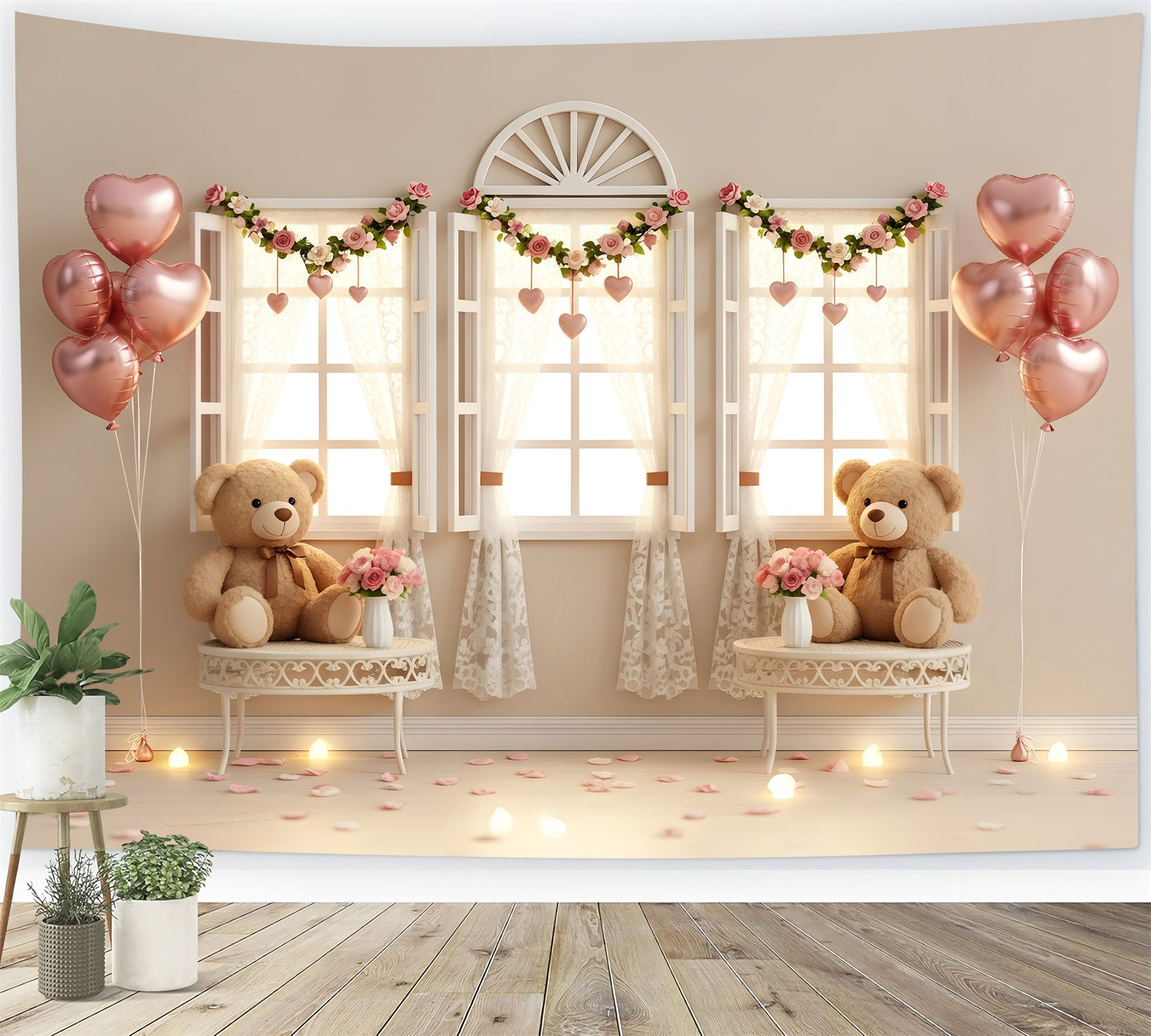 Valentinstag-Fotohintergründe Teddy Fenster Romantische Kulisse Valentinstag-Hintergrund Von Magali