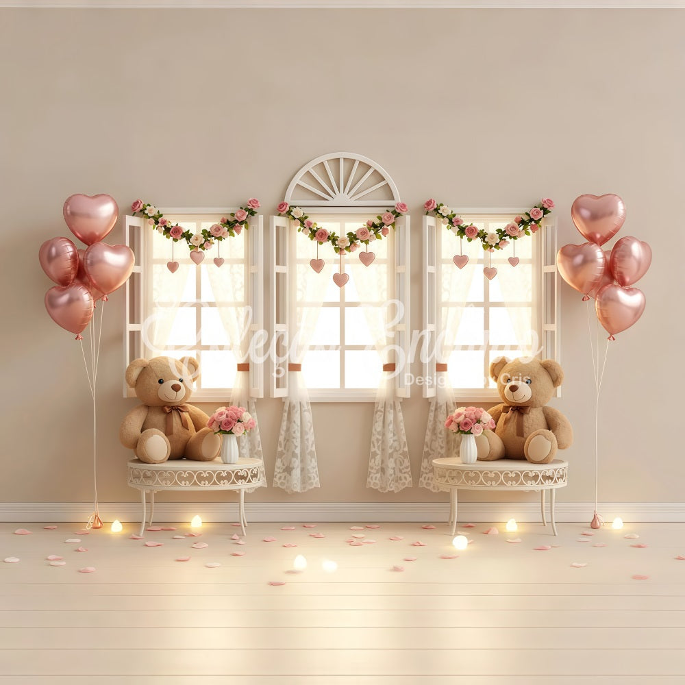 Valentinstag-Fotohintergründe Teddy Fenster Romantische Kulisse Valentinstag-Hintergrund Von Magali