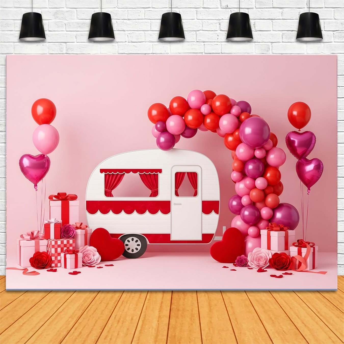 Valentinstag-Ballon-Hintergrund Rosa Wohnmobil Ballonbogen Valentinstag-Hintergrund Von Magali