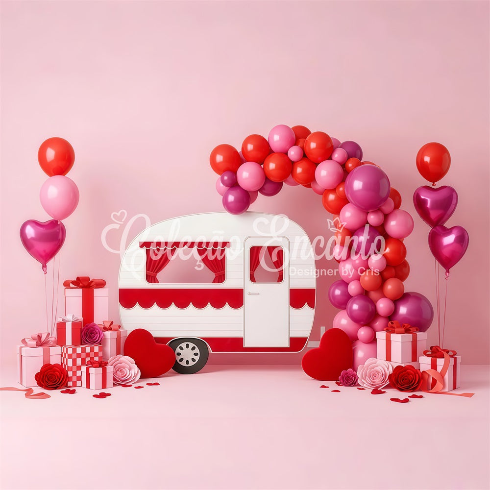 Valentinstag-Ballon-Hintergrund Rosa Wohnmobil Ballonbogen Valentinstag-Hintergrund Von Magali